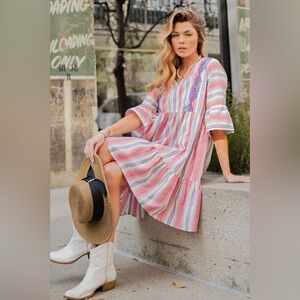 EASEL Striped Multicolor V-Neck Embroidered Tiered Dress with pockets | size S